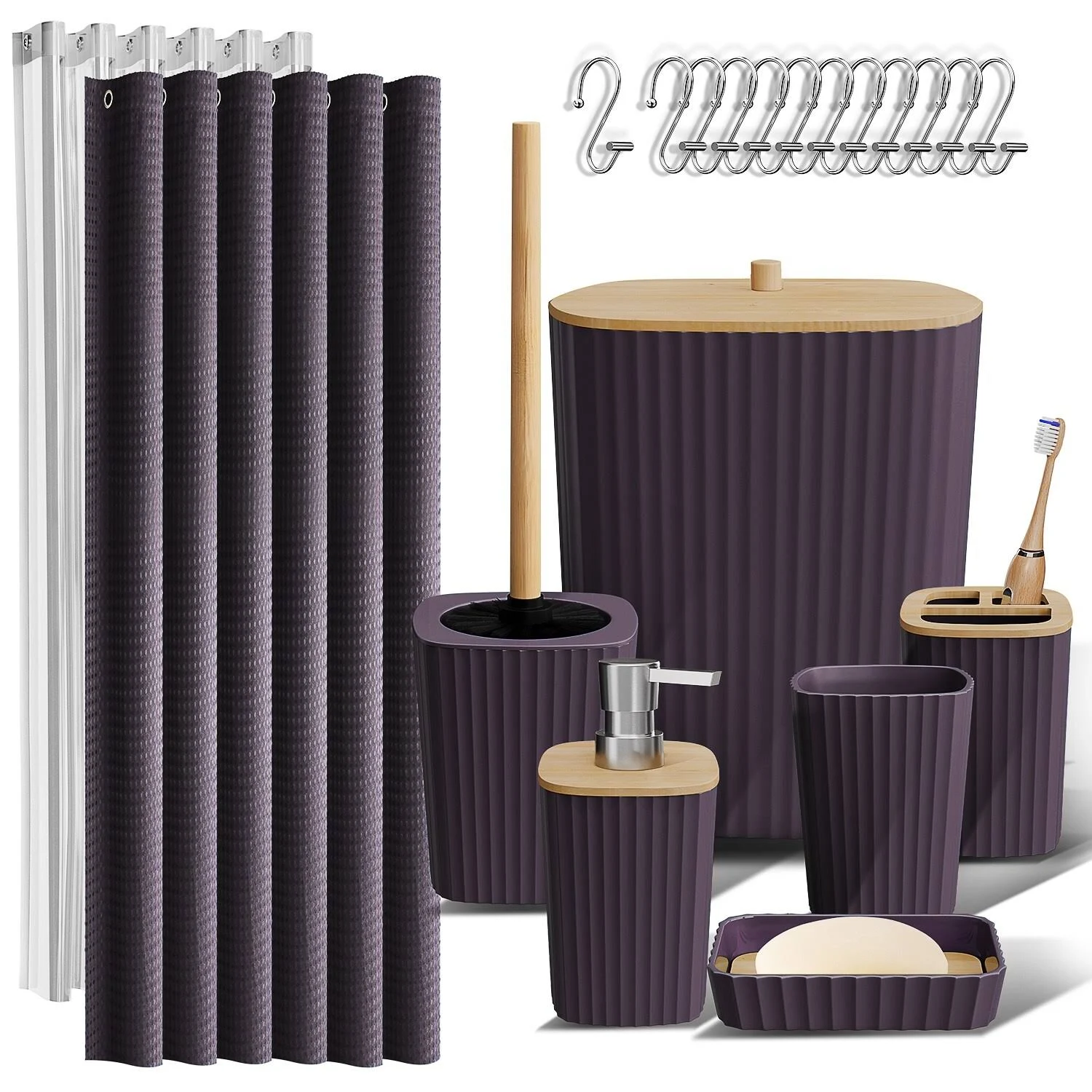 Clara Clark Bamboo Bathroom Accessories Set with Shower Curtain Set