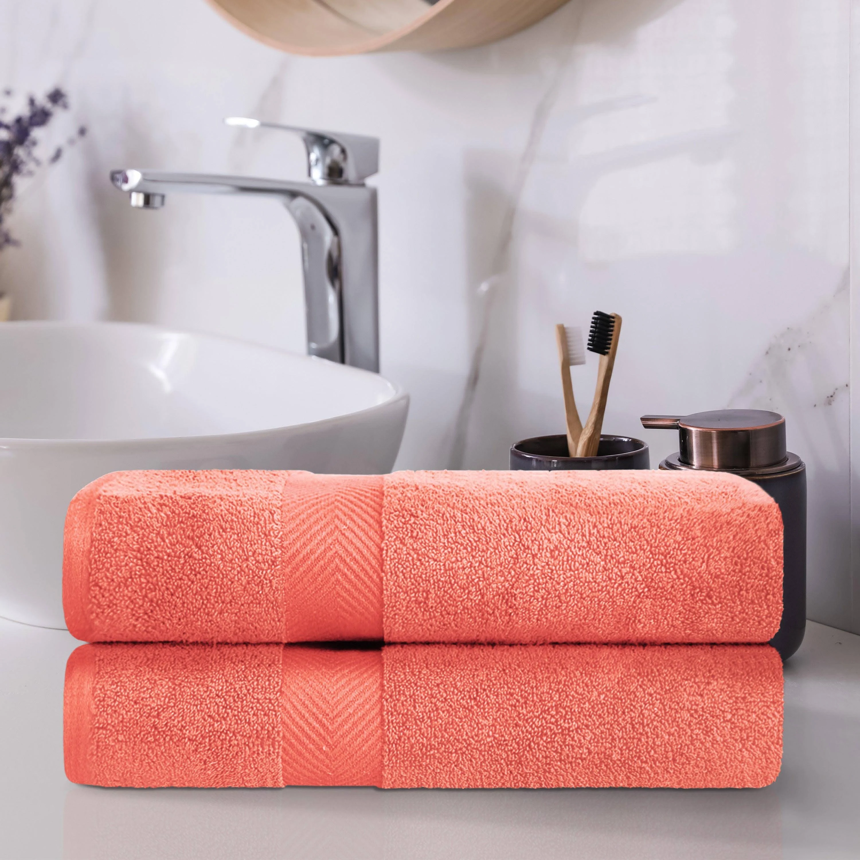 Superior Zero Twist 100% Cotton Bath Towels, Super Soft, Fluffy and Absorbent, Premium Quality Oversized Bath Towel Set of 2, Coral