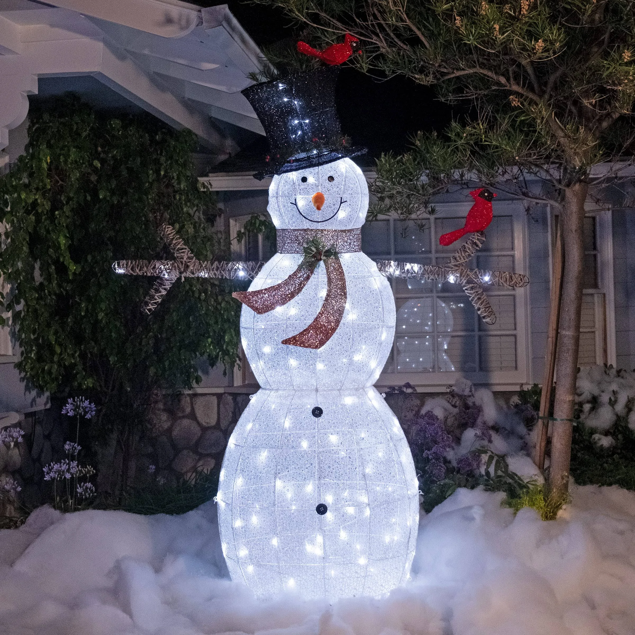 Alpine Corporation 74" H Outdoor Mesh Snowman Lawn Decoration with Red Birds and White LED Lights