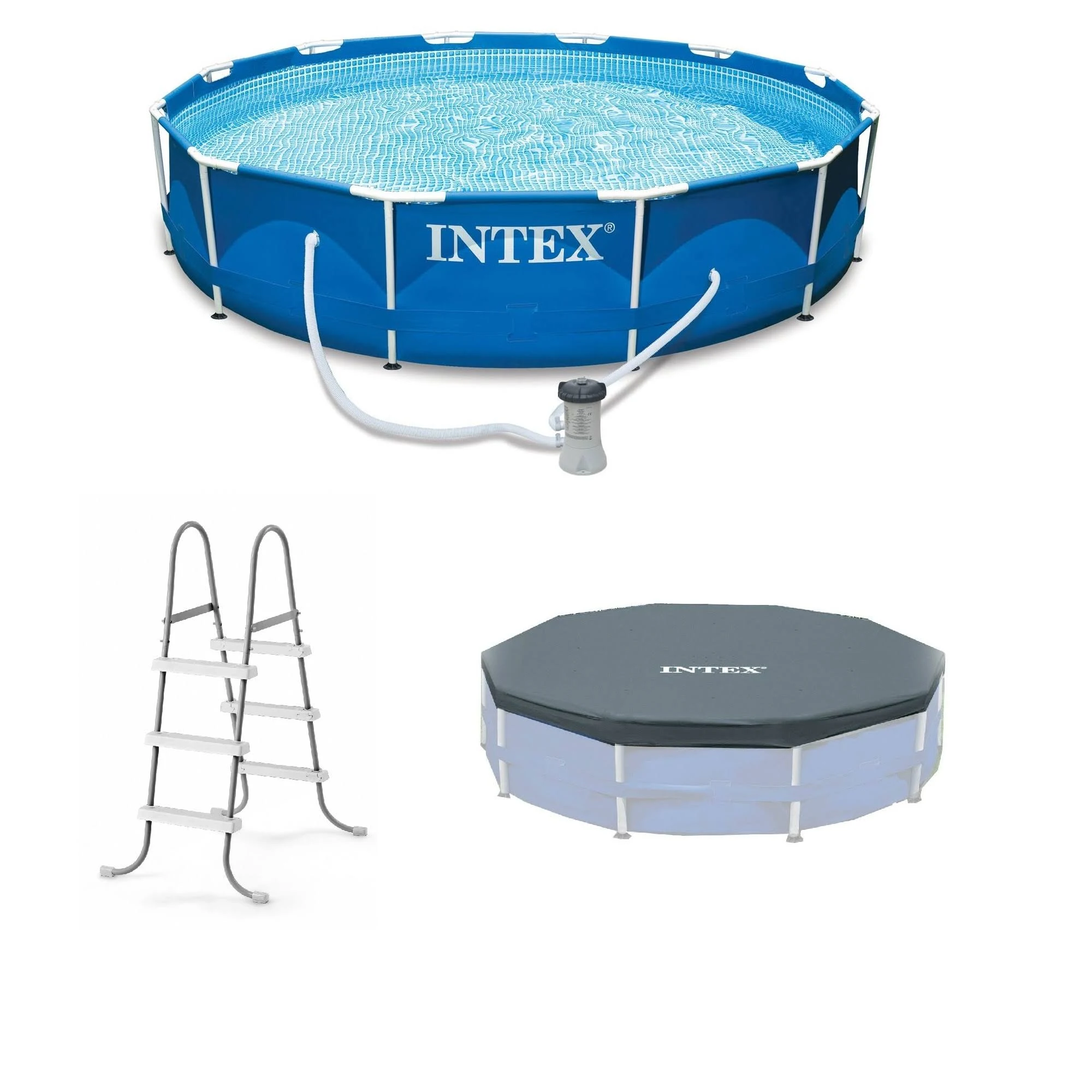 Intex 12&#039;x30&#034; Swimming Pool w/ Pump, Pool Ladder for 42” Wall, &amp; 12’ Cover