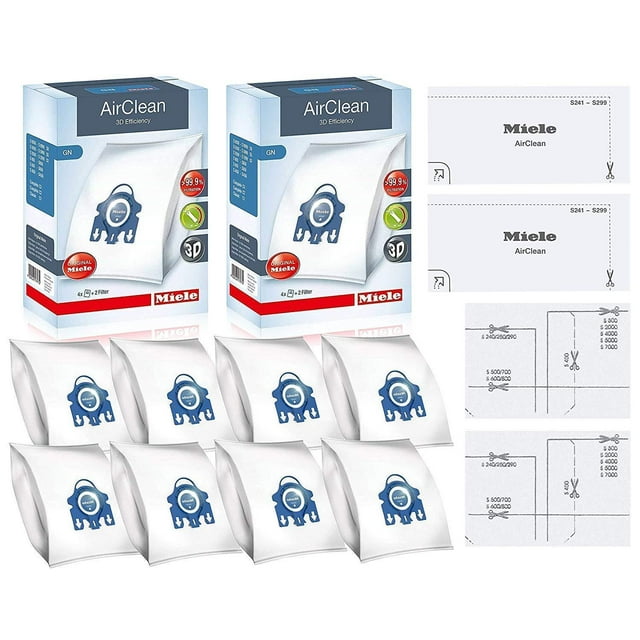 Miele GN AirClean 3D Efficiency Dust Bags for Miele Vacuum, 2-Boxes of 4 Bags & 2 Filters