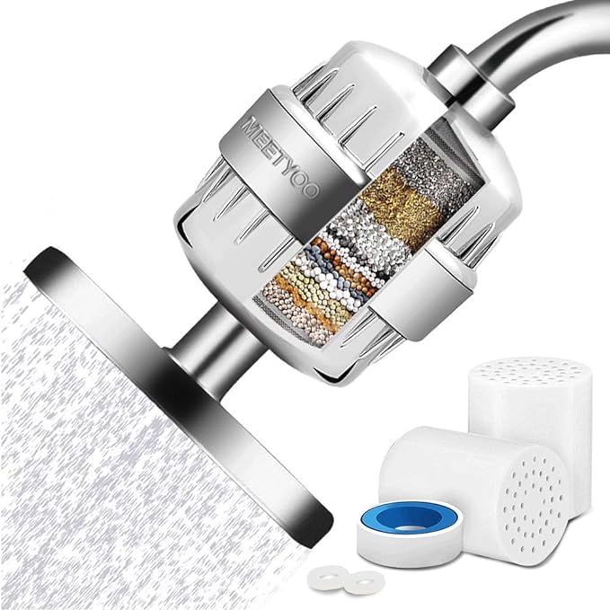 MEETYOO Shower Filter 15 Stage for Hard Water, Universal Shower Head Water Softener with 2 Cartridges, High Output Shower Head Filter Removes Chlorine