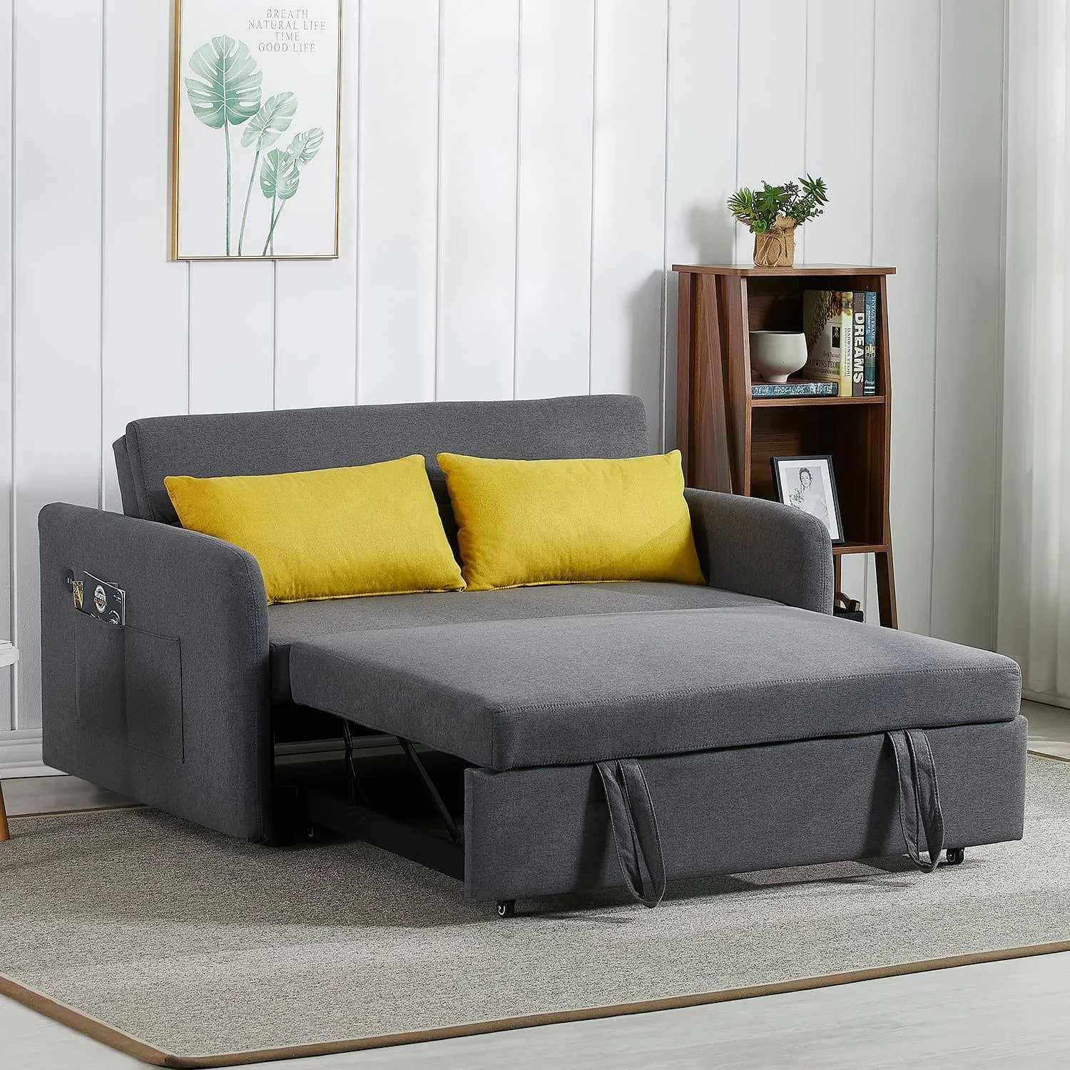 Polibi 555 Convertible Sleeper Sofa Bed w/ 2 Big Side Pockets and USB Socket Pull ...