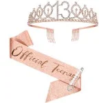 13th Birthday Sash and Crown for Girls, Rose Gold Official Teenager Sash and Tiara for Girls, 13th Birthday Gifts for Happy 13th Birthday Party Favor Supplies