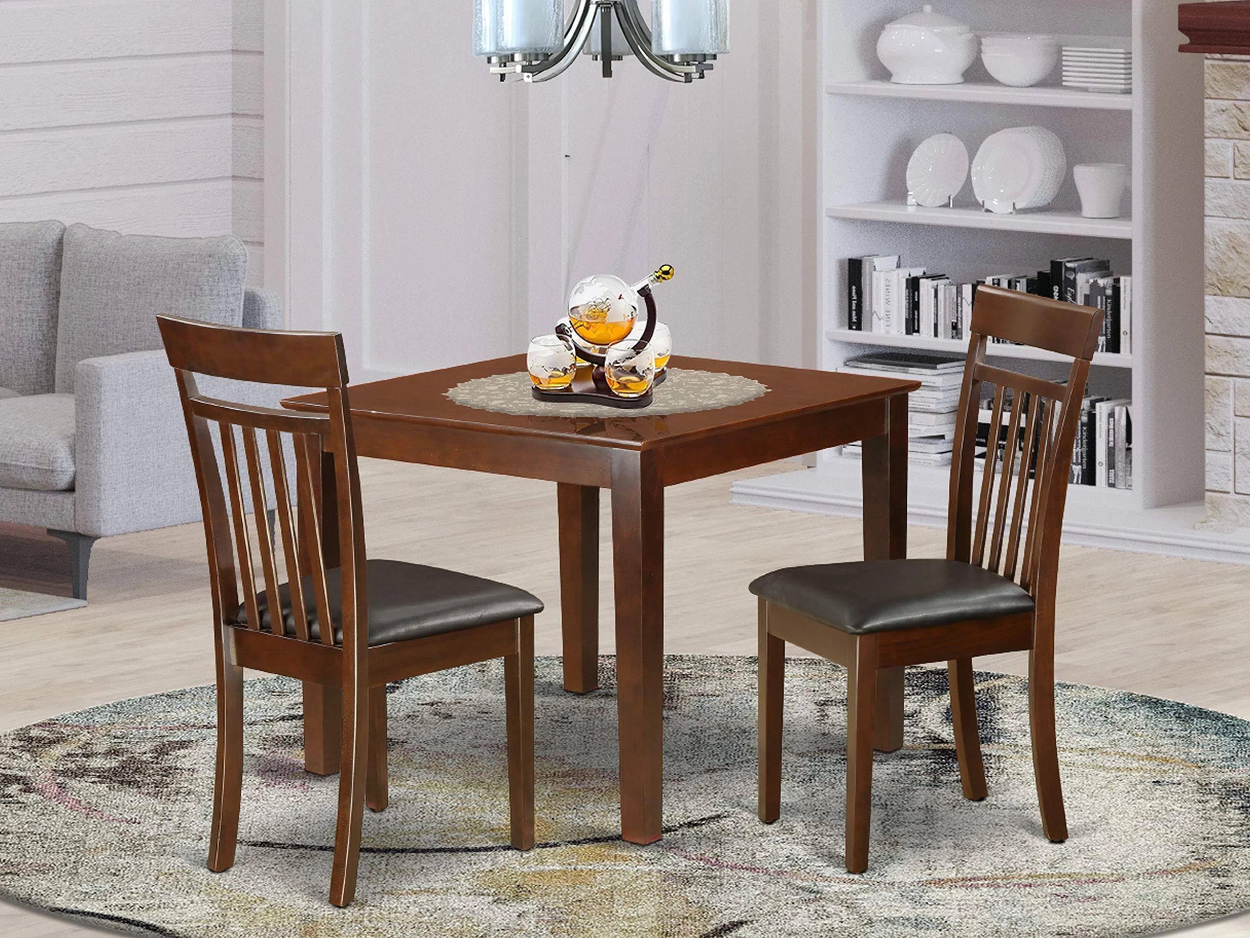 East West Furniture Oxford 3 Piece Dinette Set for Small Spaces Contains a Square Table and 2 Faux Leather Dining Room Chairs, 36x36 Inch, Mahogany