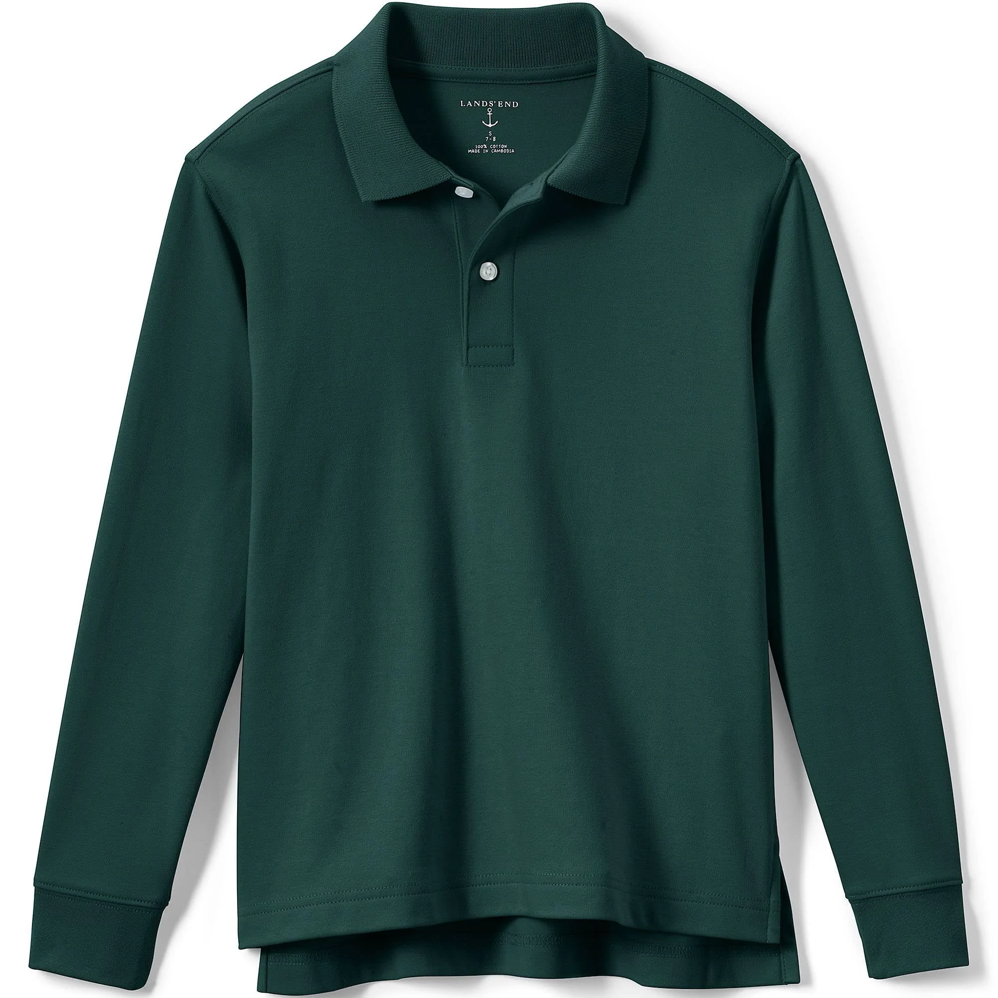 Lands' End School Uniform Kids Long Sleeve Interlock Polo Shirt - Small - Evergreen