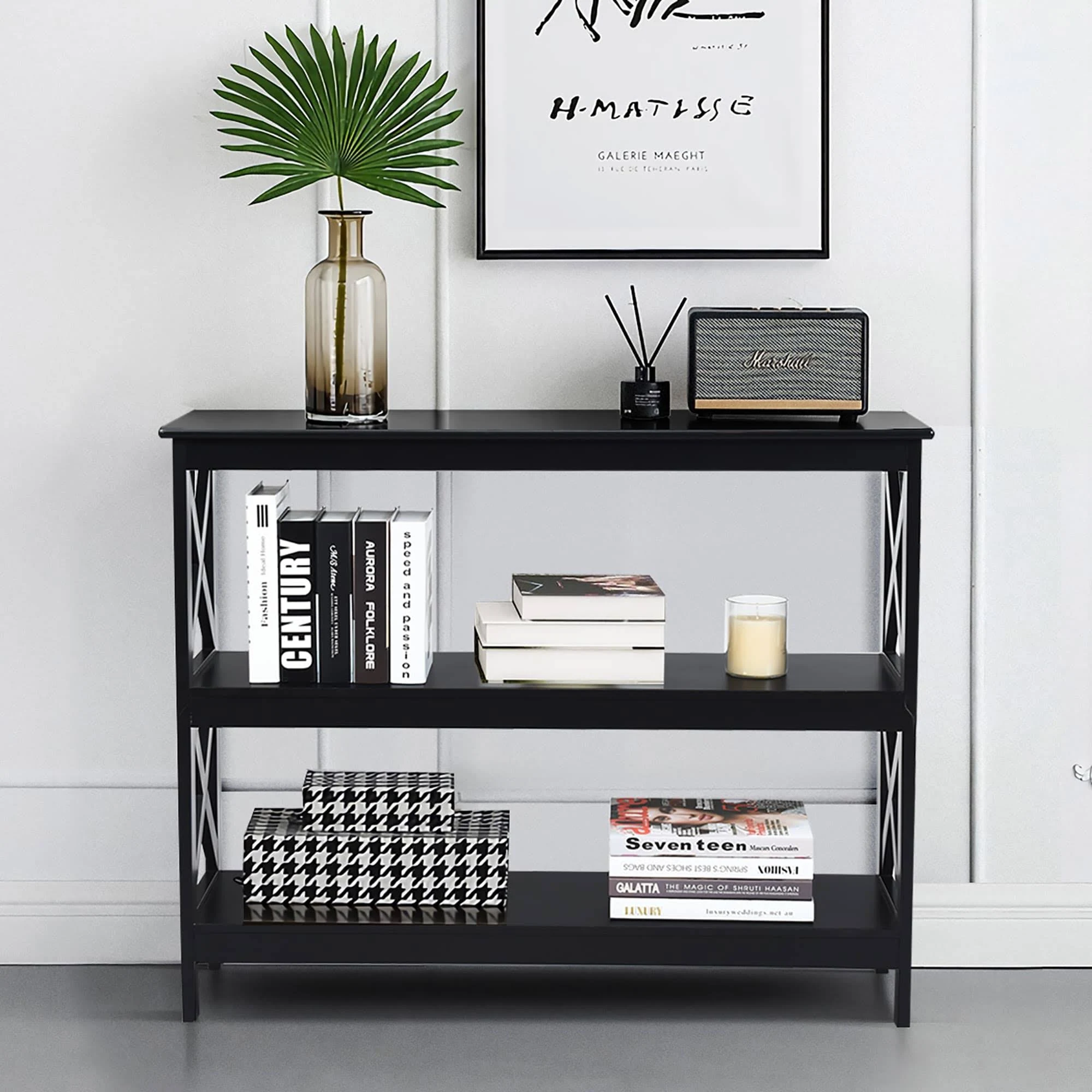 Costway 3-Tier Console Table x-Design Bookshelf Sofa Side Accent Table w/Shelf Espresso\Black