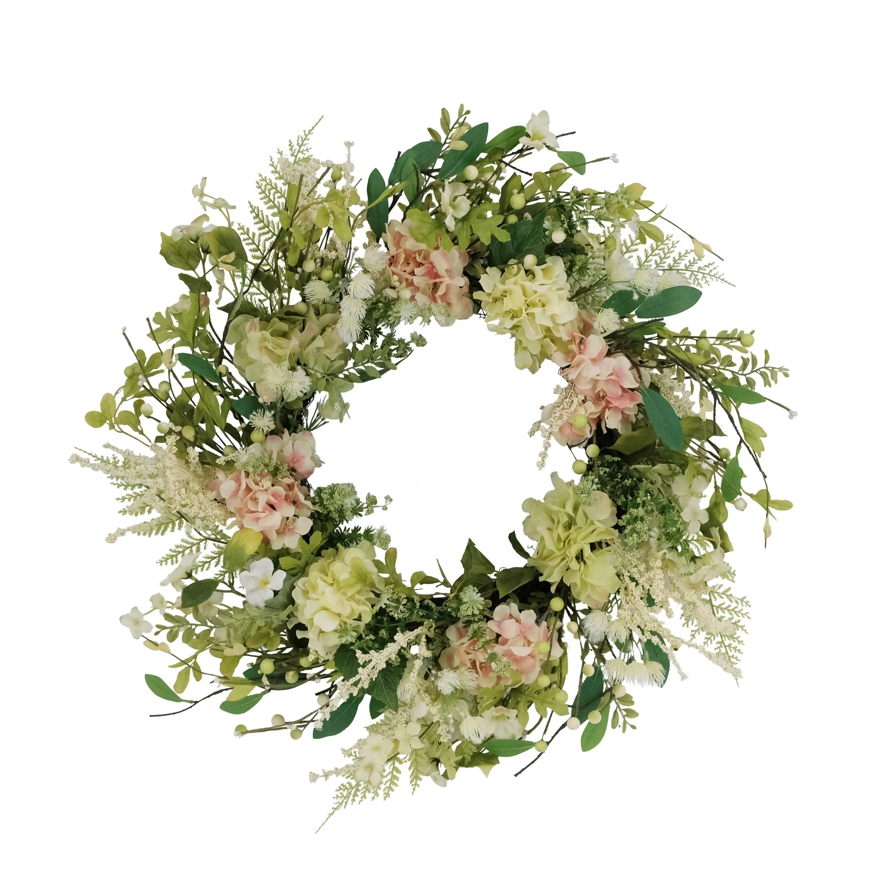 Puleo International 24" Artificial Hydrangea and Dogwood Floral Spring Wreath