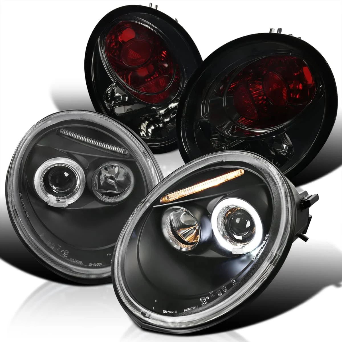 SPEC-D TUNING Black Projector Headlight w/LED Turn + 4w 8 LED Bumper Compatible with Volkswagen Beetle Left + Right Pair Headlamps Assembly