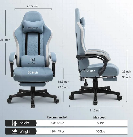 GTPLAYER Pocket Spring Cushion Gaming Chair with Footrest&&Linkage Armrests Racing Office Chair, LightBlue