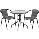 Flash Furniture 28'' Round Glass Metal Table with Gray Rattan Edging and 2 Gray Rattan Stack Chairs