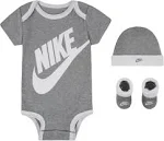 Nike 3 pc Infant Layette Set Bodysuit, Hat, Booties in Grey/White, 6-12 Months