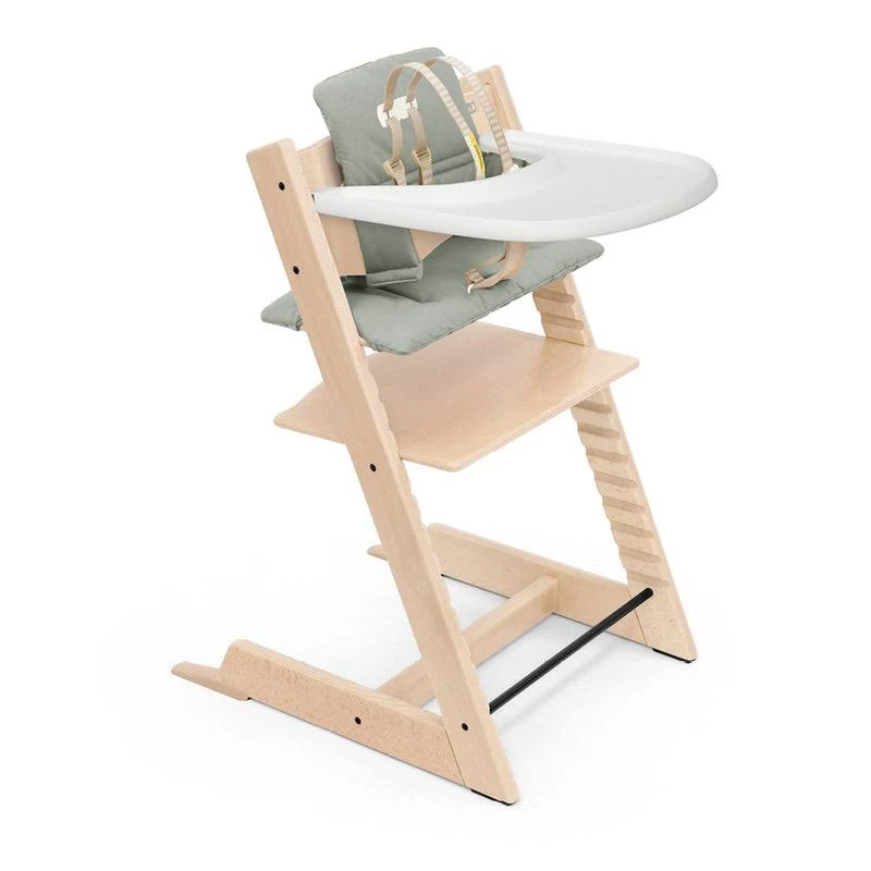 Tripp Trapp High Chair and Cushion with Stokke Tray -- Natural / Glacier Green