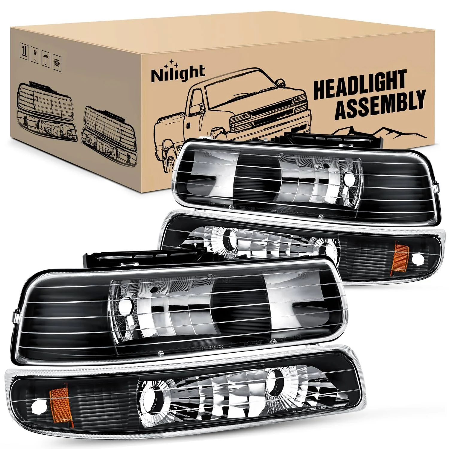 Nilight Headlight Assembly for 1999 2000 2001 2002 Chevy Silverado 1500 1500HD 2500 2500HD 3500 Chevrolet Tahoe Suburban Replacement Headlamp Housing Bumper Lights Set