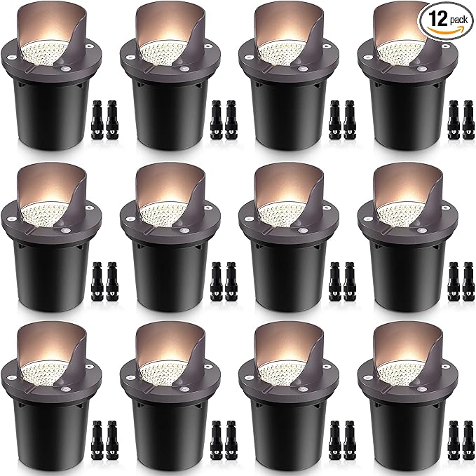 SUNVIE 12 Pack Low Voltage Landscape Lights 12W LED Outdoor In-Ground Waterproof Shielded Well Lights 12V-24V Warm White Paver Lights with Wire Connectors for Pathway Garden Yard Fence Deck