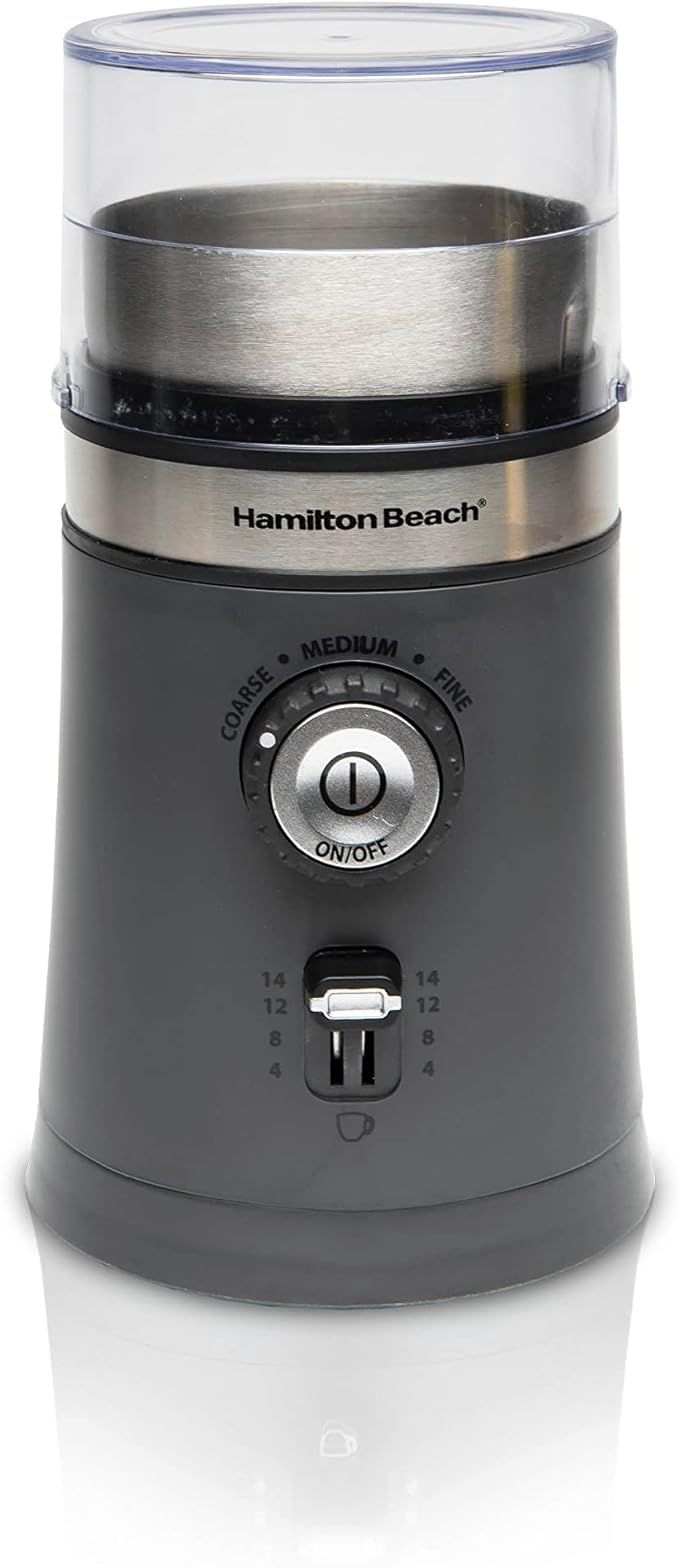 Hamilton Beach Electric Coffee Grinder for Beans, Spices and More, with Multiple Grind Settings for up to 14 Cups, Removable Stainless Steel Chamber, Grey (80396C), 10 oz