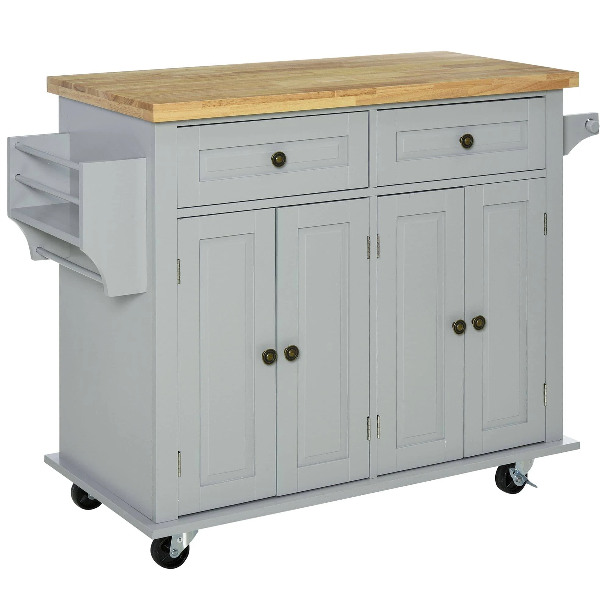 HOMCOM Kitchen Island on Wheels, Rolling Cart with Rubberwood Top, Spice Rack ...