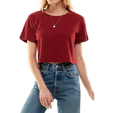 Women's Boxy Crop Top Round Neck Short Sleeve Casual 100% Cotton Cropped Tee T-Shirt