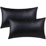 BRAWARM Faux Leather Throw Pillow Covers 12 X 20 Inches - Black Leather Lumbar Pilow Covers Pack of 2, Solid Dyed Leather Pillowcases for Couch Bed Sofa Garden Home Decorative