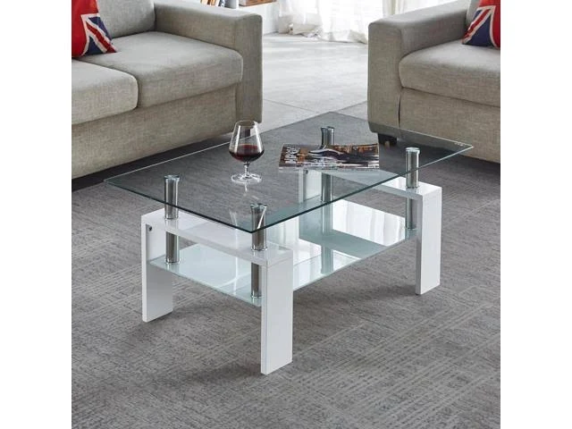 SSLine Clear Glass Coffee Table with White Wood Frame Legs Rectangular 2-Tier ...