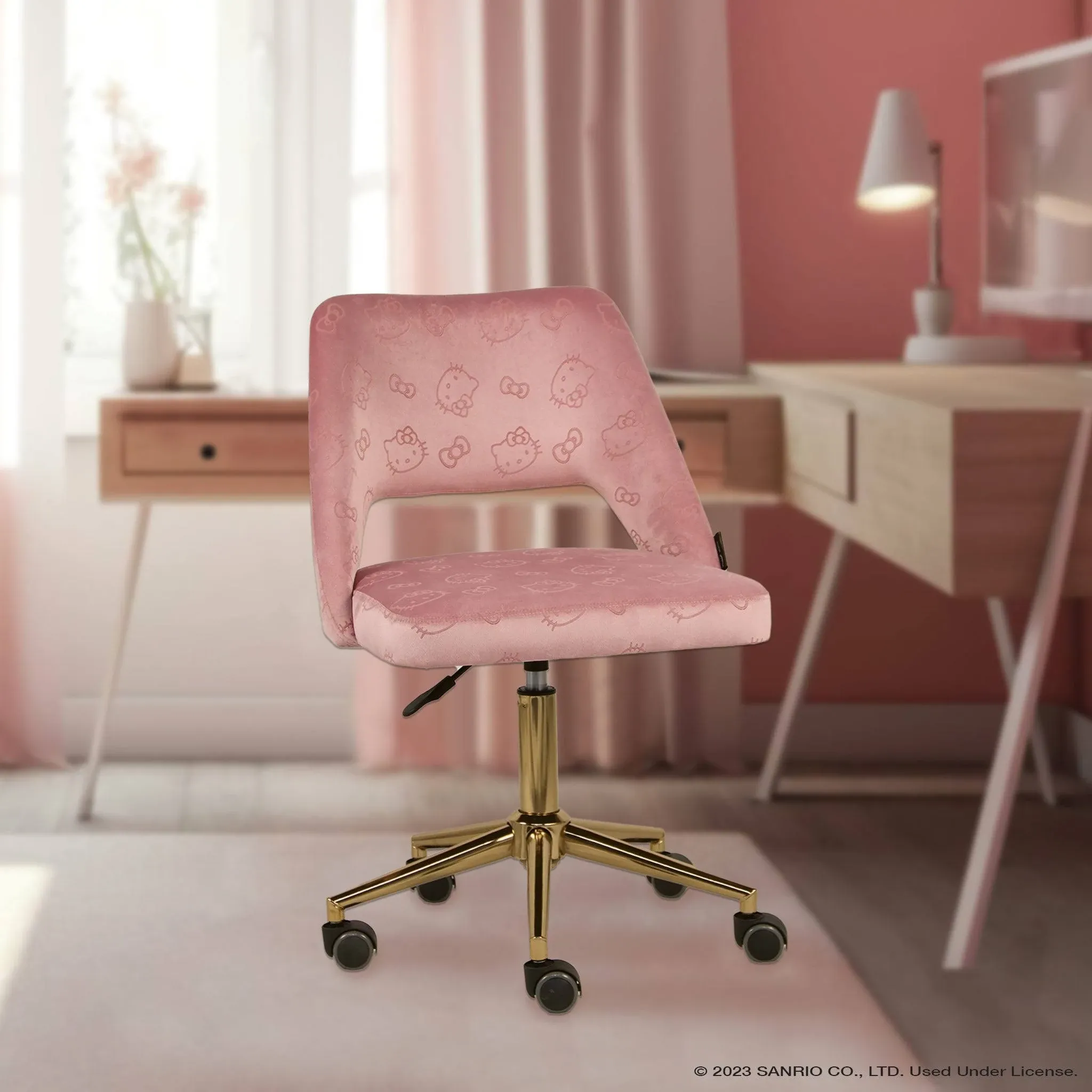 Impressions Vanity Hello Kitty Velvet Swivel Vanity Desk Chair with Backrest and Wheels (Pink)