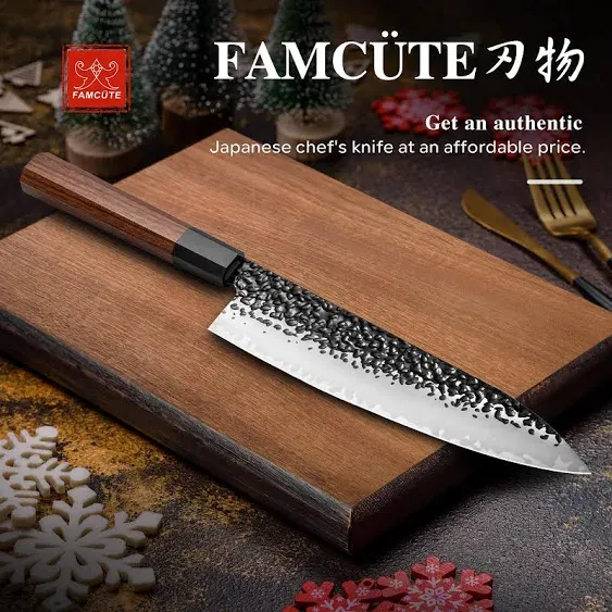 FAMCÜTE 8 inch Japanese Chef Knife, 3 Layer 9CR18MOV Clad Steel w/Octagon Handle Gyuto Sushi Knife for Home Kitchen & Restaurant