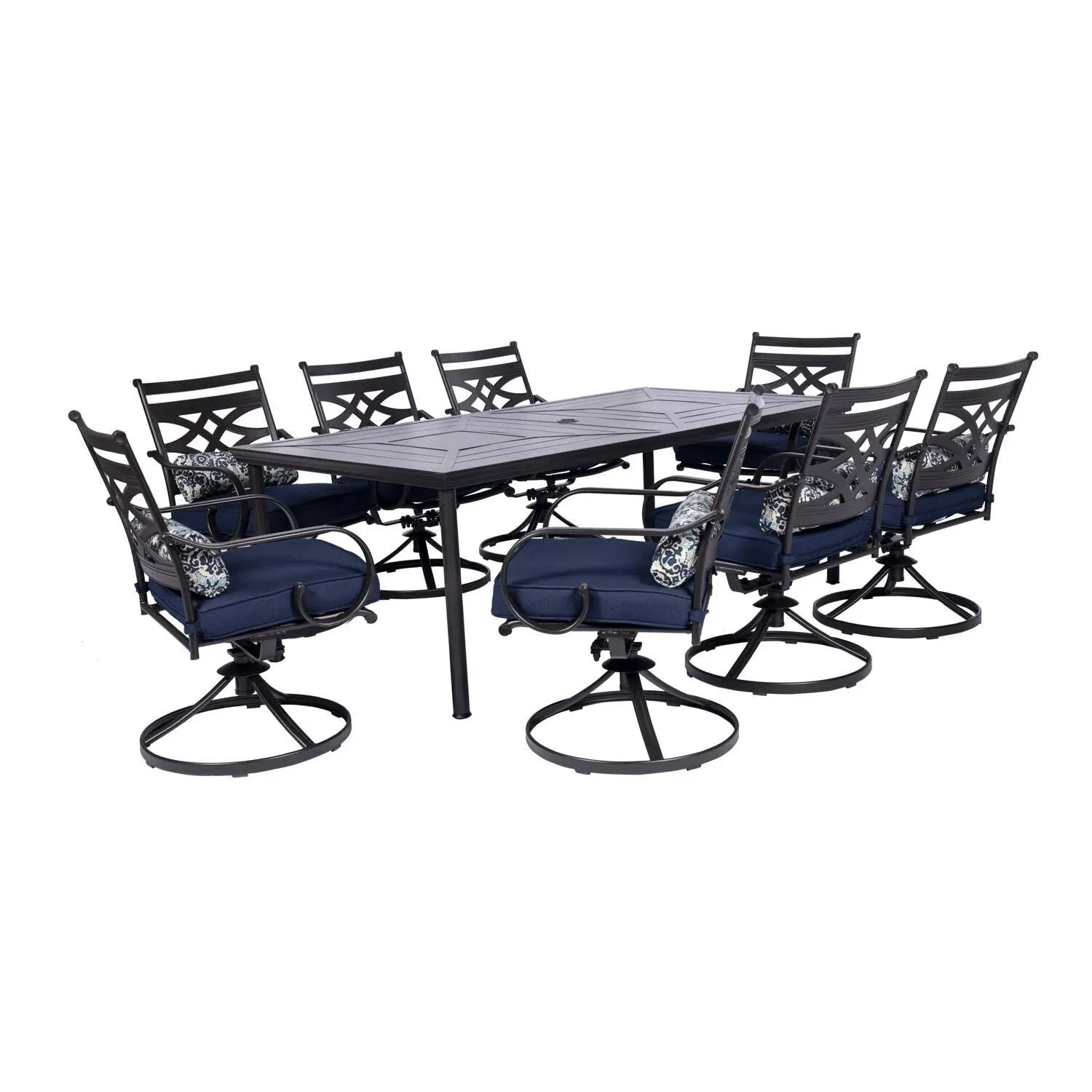 Hanover Montclair 9-Piece Dining Set in Navy Blue with 8 Swivel Rockers and A 42-In. x 84-in. Table