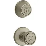 KwiksetTylo Antique Brass Entry Door Knob and Single Cylinder Deadbolt Combo Pack Featuring SmartKey Security