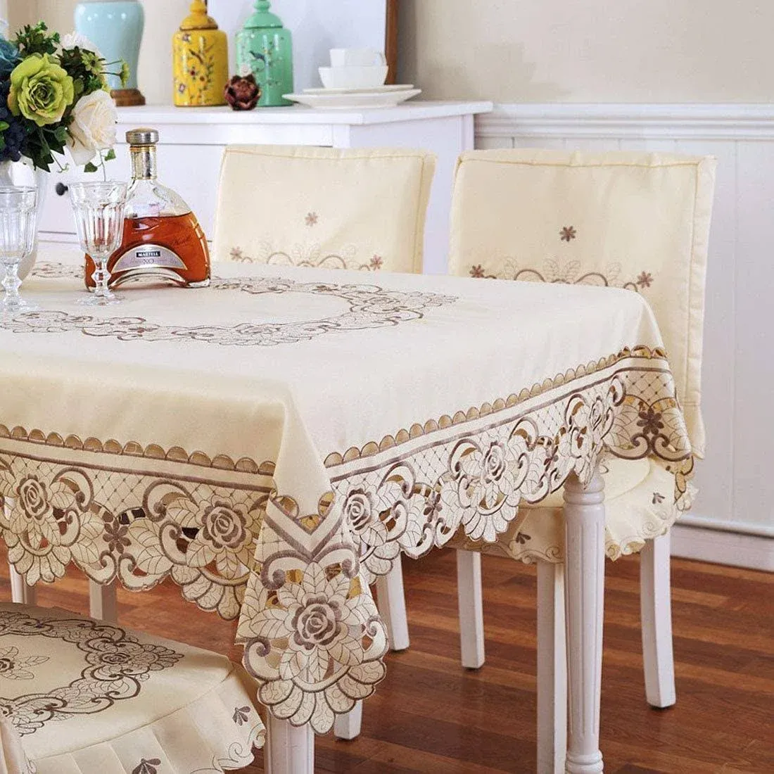 LeLehome 55 inch x 78 inch Rectangular Brown Flowers Embroidered Lace Tablecloth ...