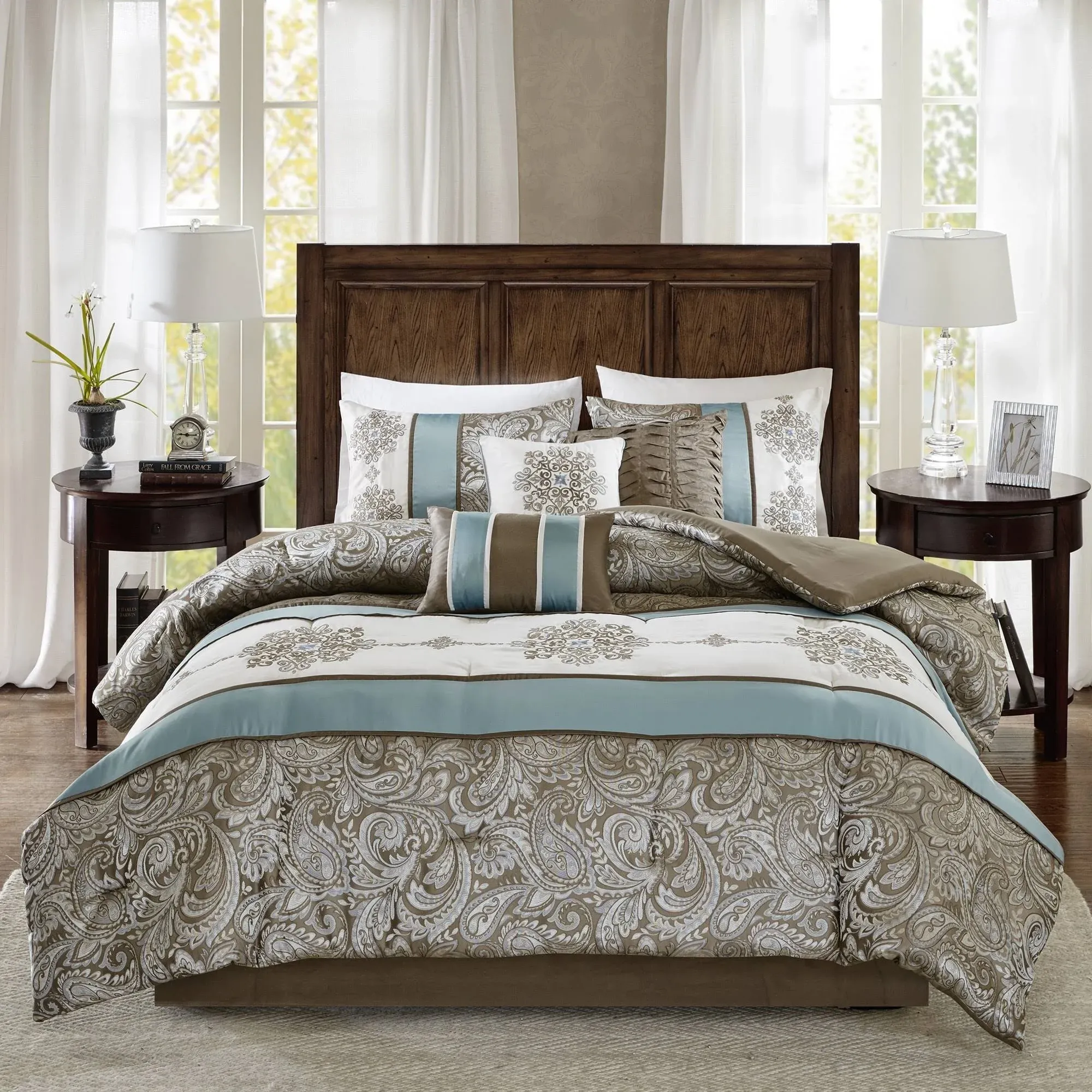 Sharon 7pc Polyester Jacquard Comforter Bedding Set with Bedskirt