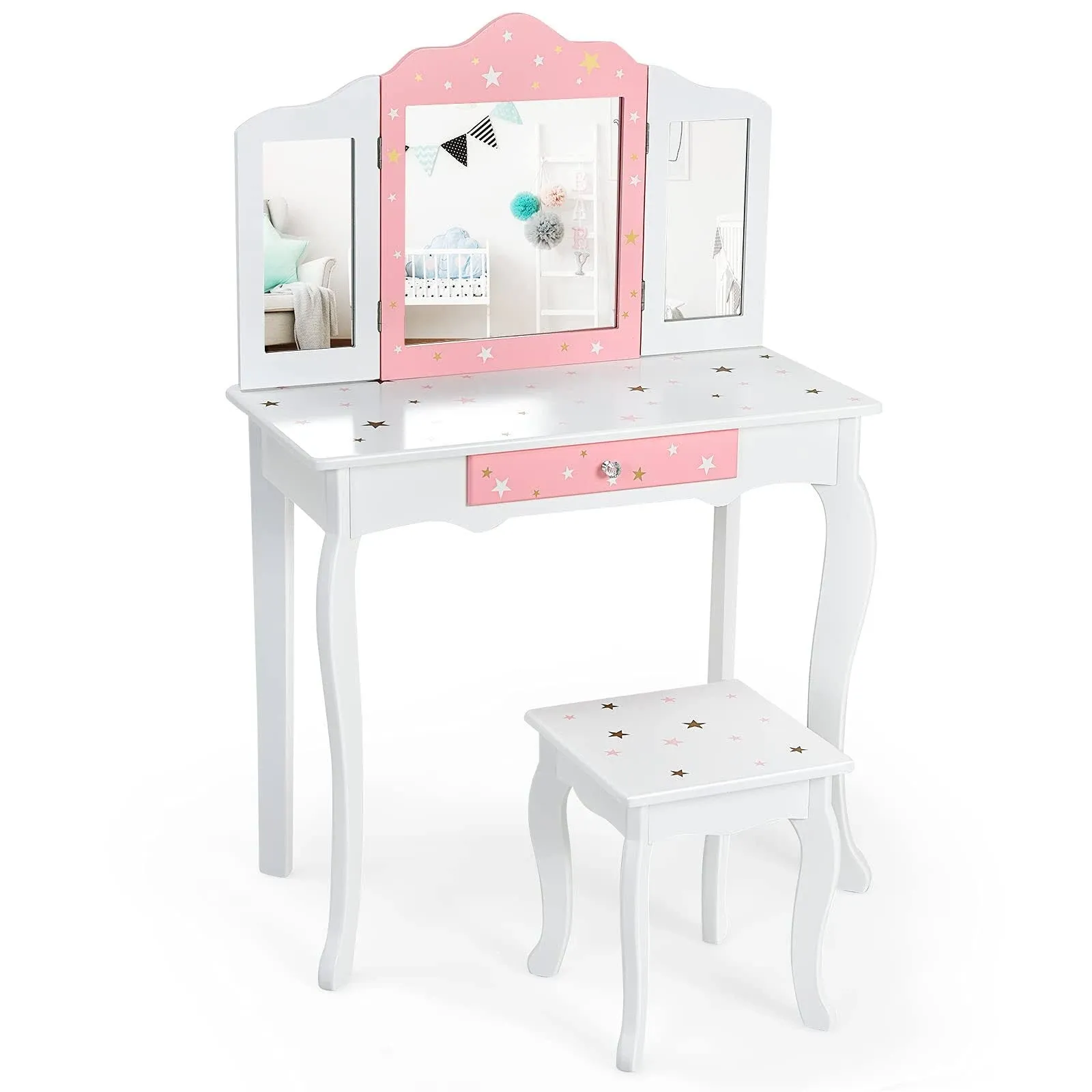 Costzon Kids Vanity Set with Mirror, 2 in 1 Princess Makeup Dressing Table w/Detachable Top, Toddler Girls Vanity with Tri-Fold Mirror, Drawer & Stool, Pretend Play Vanity Set for Little Girls, Pink