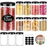 STARSIDE 24 Pack 250ml 8 oz Empty Clear Plastic Jars with Black Lids, Refillable Round Containers for Slime,Beauty Products, powder, Cream, Scrubs, Cookie,Dried Fruit. Include 1 Pen and 80 Labels.