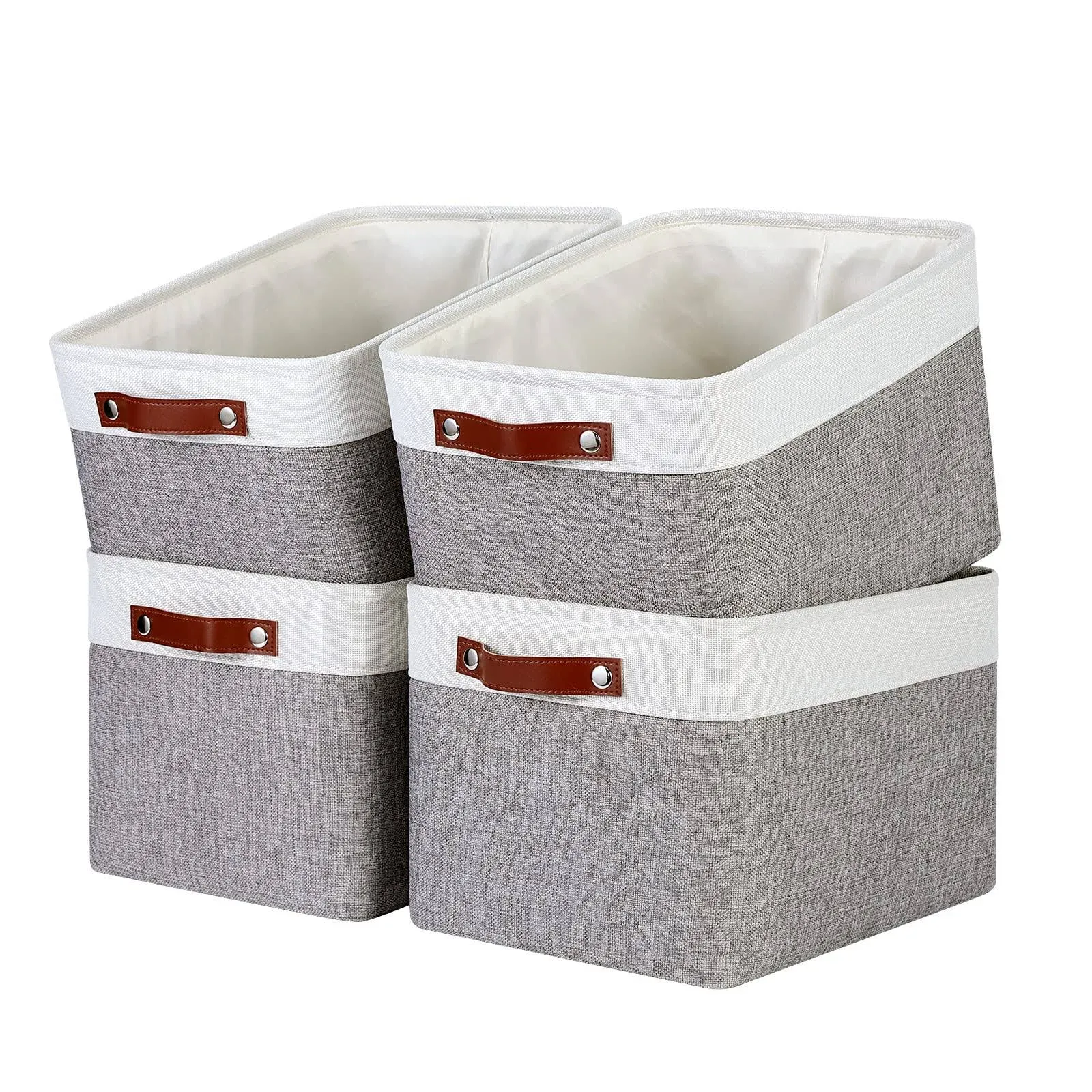 Storage Baskets for Shelves, Large Rectangular Basket with Leather Handles for Organizing Towels Books, Decorative Storage Baskets for Shelves Closet Laundry Nursery Storage(White&Grey)