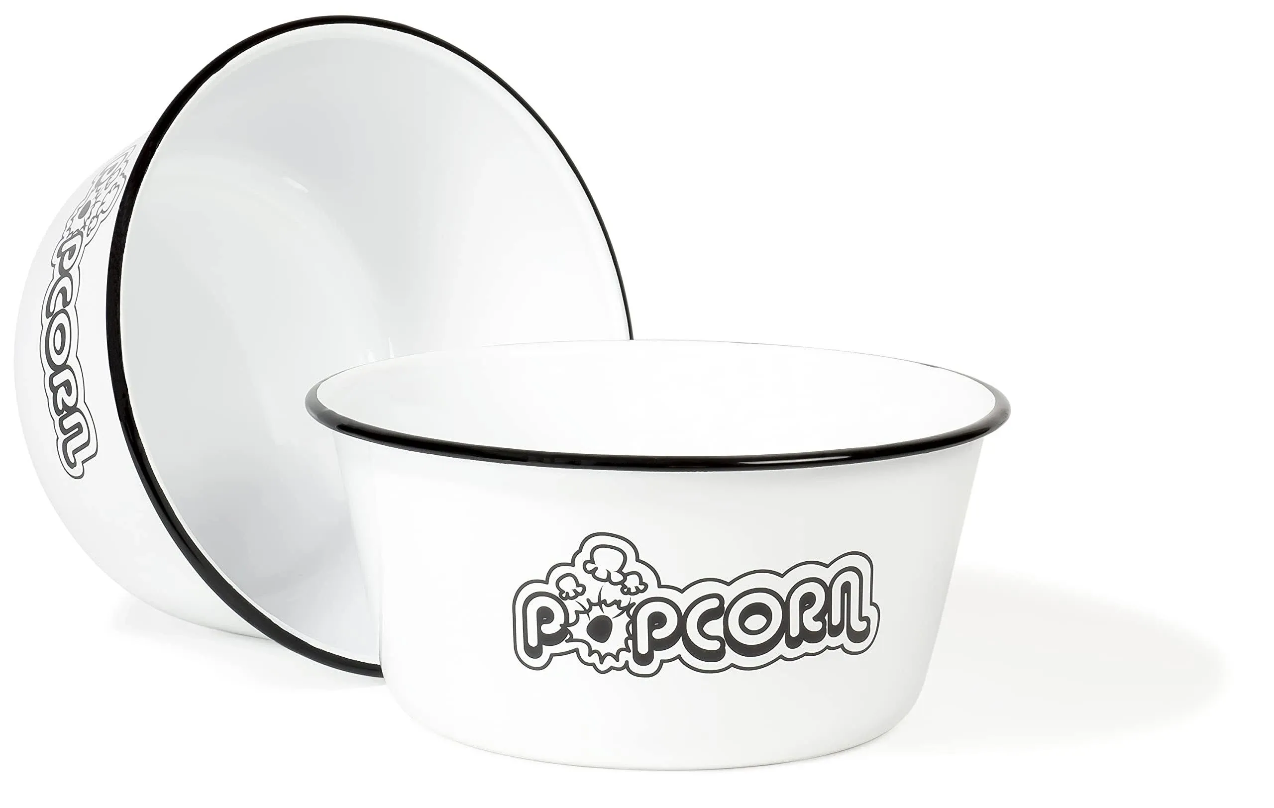 Red Co. Set of 2 Extra Large Enamelware Metal Classic 4 Quart Mixing & Serving Popcorn Bowls, White/Black Rim