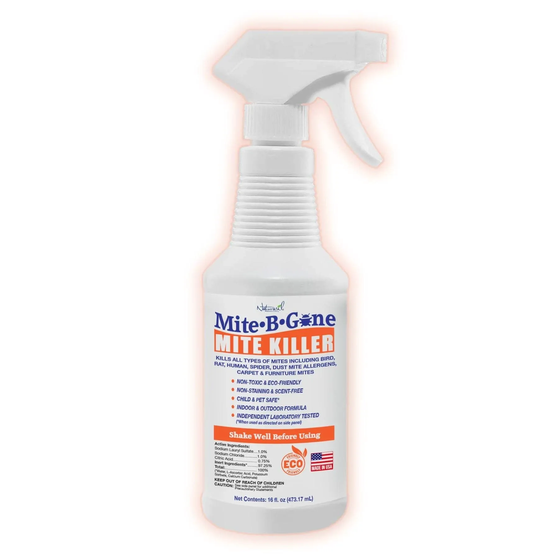 Mite Killer Spray by Mite-B-Gone — Kills Human Mites, Bird, Dust, Spider, Rat, Turkey, Carpet Mites. Treatment for Homes, Furniture, Bedding, Auto & Animals | Non-Toxic | Kid & Pet Safe | 16oz Spray