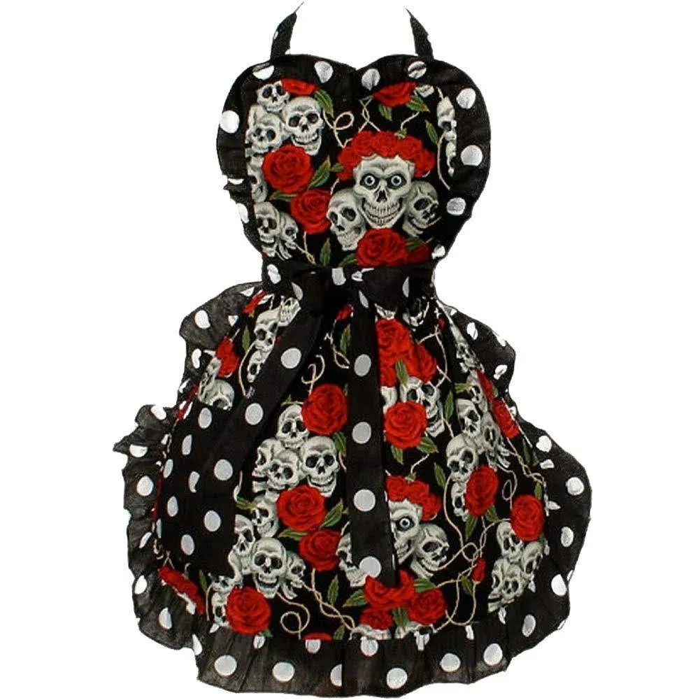 Skulls and Roses Black Polka Dot Apron