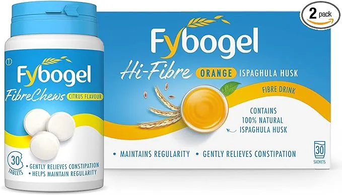 Fybogel Hi-Fibre and Fibre Chews, 30 Sachets And 30 Chews, Bundle of 2, Constipation Relief, Maintains Regularity, Fibre, Natural Relief, Easy to Use, Laxatives, Digestion and Nausea