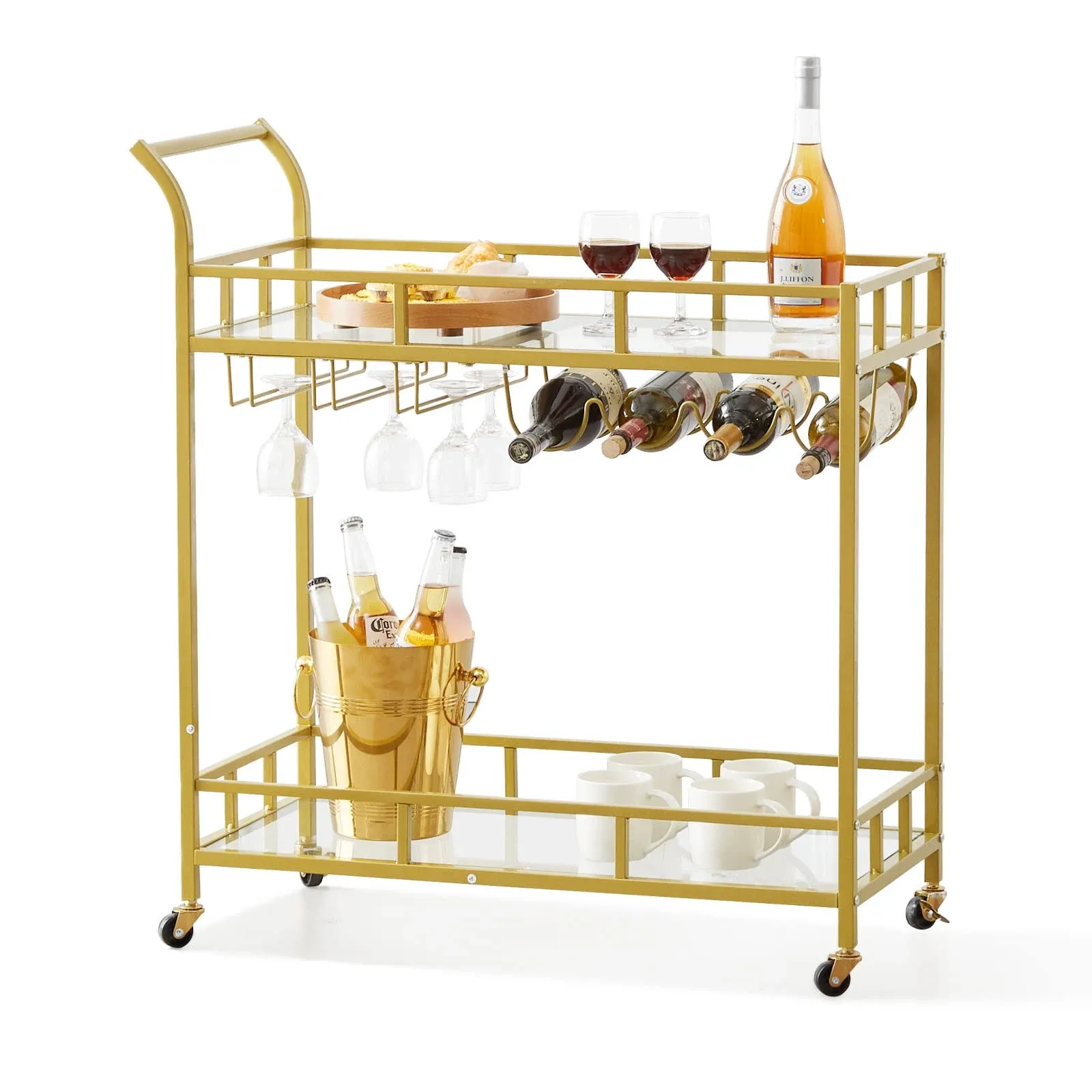 2 Tiers Gold Metal Bar Serving Cart with Wine Rack Glass Holder 120 LBS