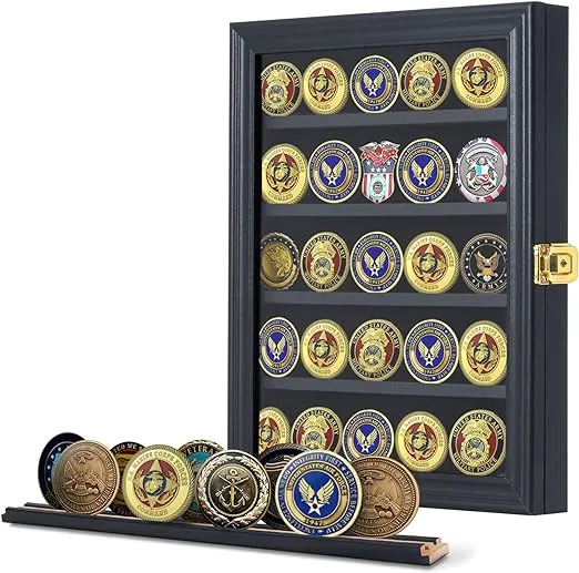 Jinchuan Military Challenge Coin Display Case Lockable Cabinet Rack Holder Shadow Box with Removable 2 Grooves Shelves and Anti Dust Door for Casino Poker Chips Collectibles Black