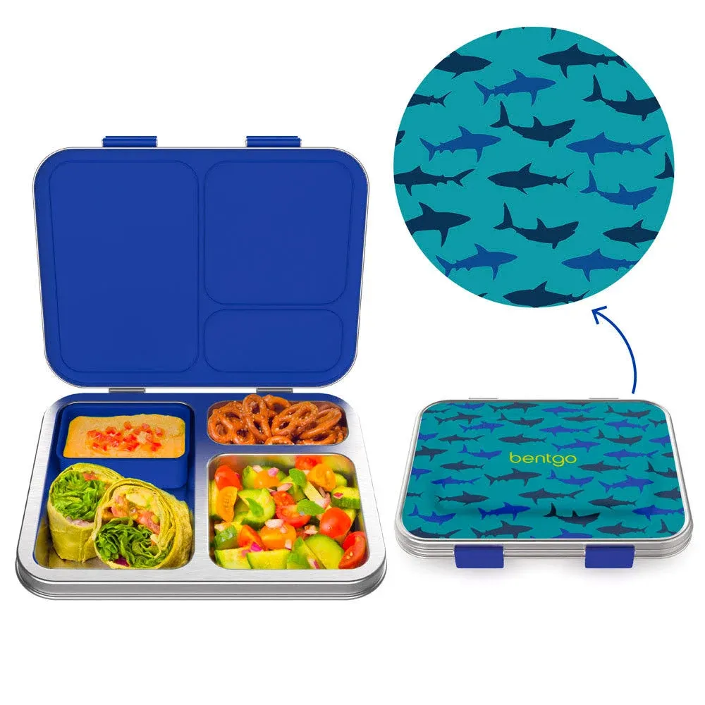 Bentgo Kids Stainless Steel Prints Leak-Resistant Lunch Box - 3-Compartment Bento Style Lunch Box with Bonus Container - Eco-Friendly, Dishwasher Safe, BPA-Free, Ages 3+ (Shark)