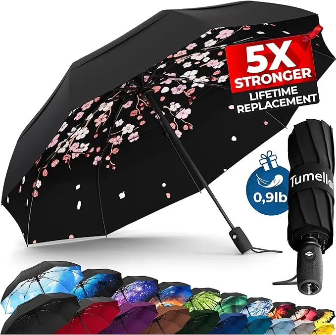 TUMELLA Strongest Windproof Travel Umbrella (Compact, Superior & Beautiful), Small Strong But Light Portable and Automatic Folding Rain Umbrella,