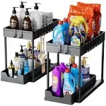 mosala Under Sink Organizers and Storage 2 Pack - 2 Tier Sliding Bathroom Cabinet Organizer with Hooks - Multi-Purpose Under The Sink Organizer