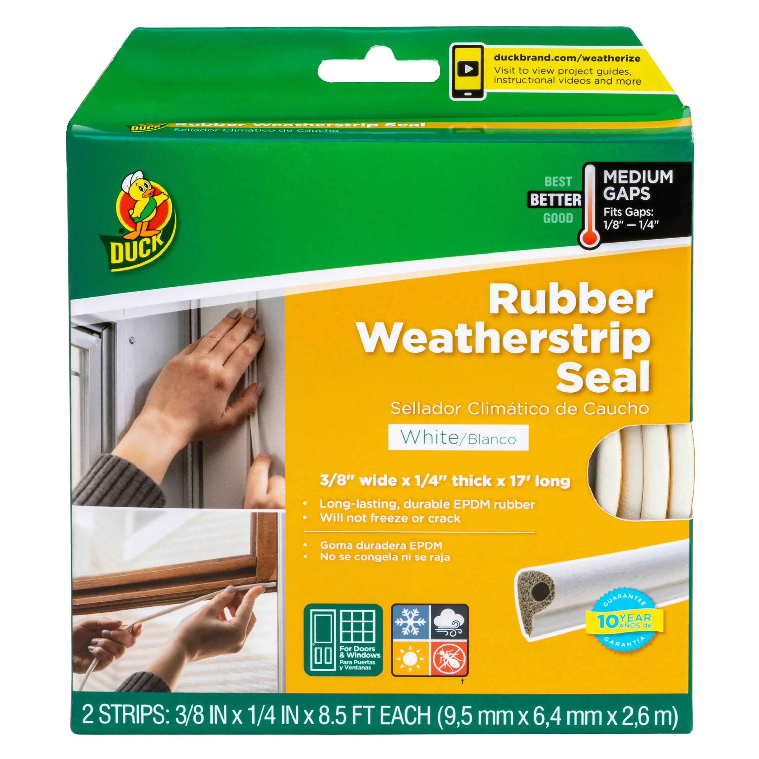 Duck Brand Heavy-Duty Rubber .38" x .25" x 17' Medium Gap Weatherstrip Seal White