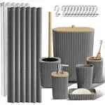 Clara Clark Bamboo Bathroom Accessories Set with Shower Curtain Set, Toilet Brush, Trash Can & Soap Dispenser - Complete Set - Grey