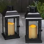 LampLust Outdoor Solar Powered Lantern with Flameless LED Pillar Candle: 11 Inch Tall, 2 Pack, Waterproof, Black Metal, Hanging Decorative Candle Lamp for Porch, Floor or Patio Home Decor