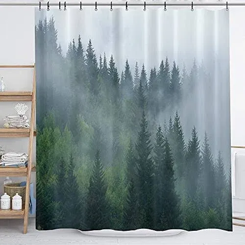 Homewelle Pine Tree Shower Curtain Men 72Wx72H Foggy Mountain Woodsy Cloudy Masculine Landscape Green Nature Rustic scenic Woodland Misty RainWoods