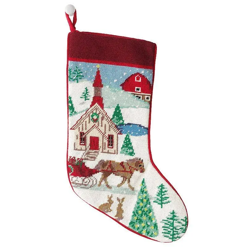 Lands' End Needlepoint Christmas Stocking - Holiday Village