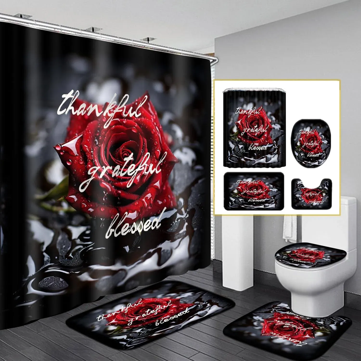 4PCS Romantic Red Rose Bathroom Shower Curtain Sets Waterproof Fabric Black B...