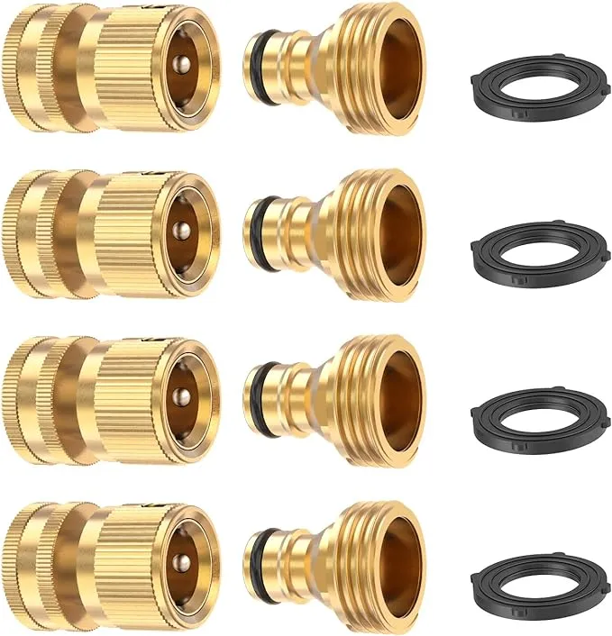 Kesfitt Garden Hose Quick Connector Solid Brass,3/4 inch GHT Thread Fitting No-Leak Water Hose Female and male Adapter (4 Sets)