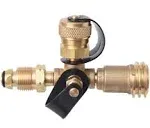 Flame King 4 Port Brass Tee Propane Adapter Pol Inlet, 1/4 Inverted Female Flare Inlet, QCC Outlet, CGA600 Outlet (RV-COMBO1)